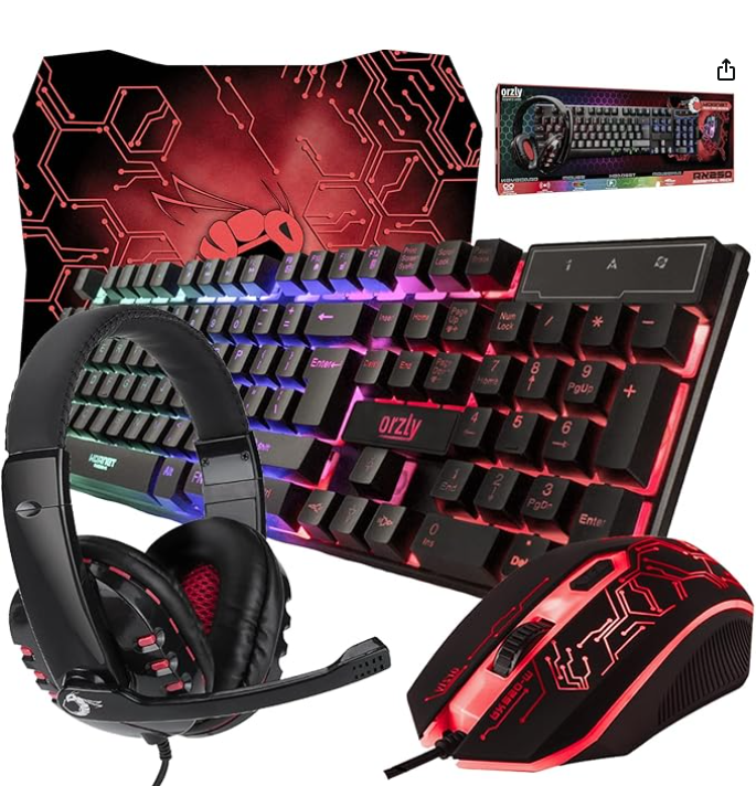 Gaming Keyboard and Mouse and Mouse pad and Gaming Headset, Wired LED RGB Backlight Bundle for PC Gamers Users - 4 in 1 Gift Box Edition Hornet RX-250